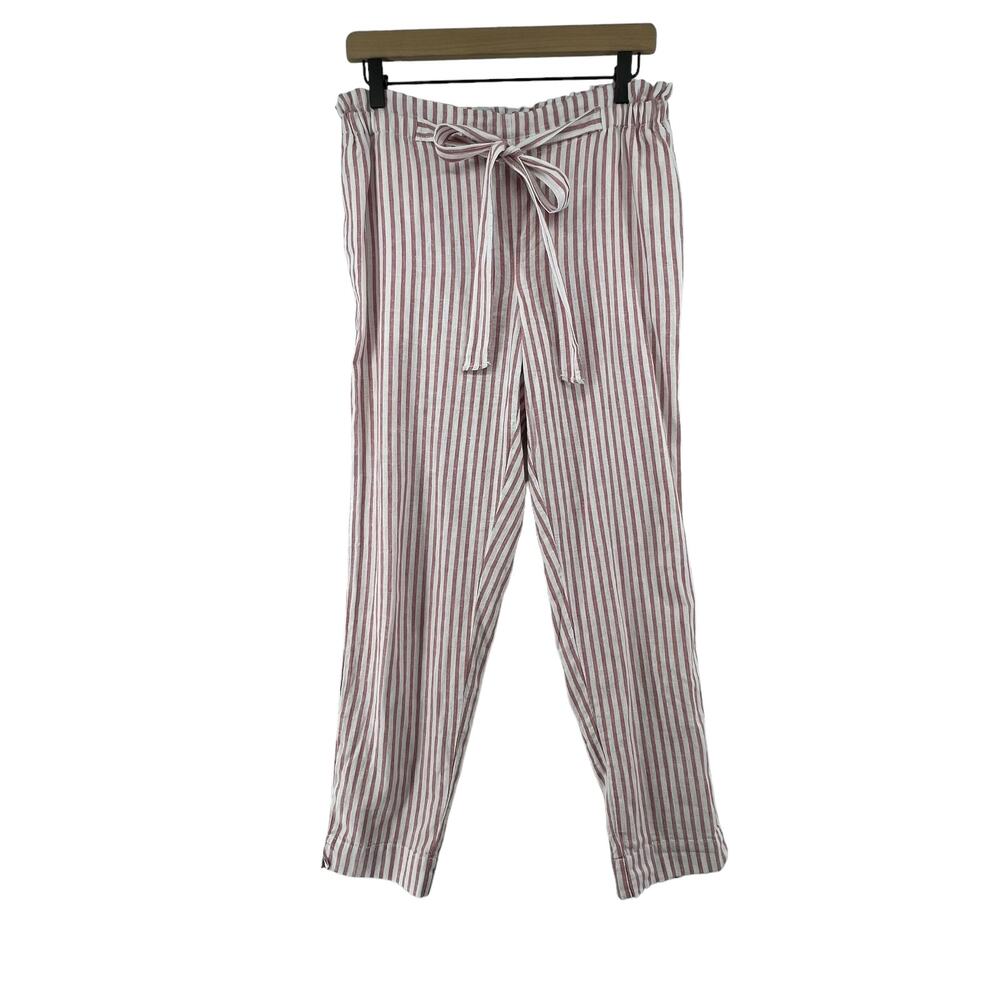 Beachlunchlounge Size Medium Pants Red White Striped Pockets Tie Waist Linen